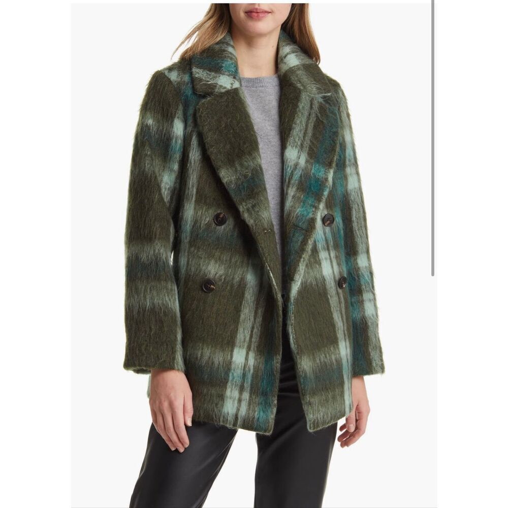 Halogen Nordstrom Green Shaggy Plaid Fuzzy Coat sz XXL